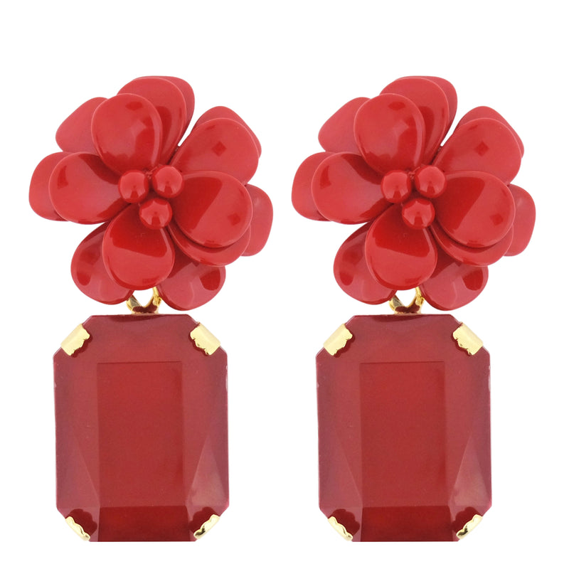 Venetian Red Hibiscus Earrings - Emerald Cut Hand Painted Resin Pendant