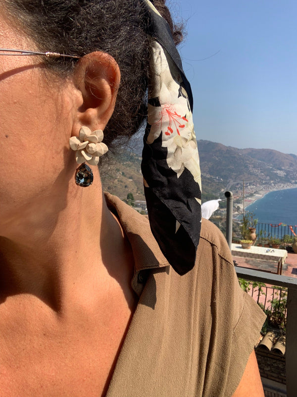 Italian Sand Beige Lily Earrings Silk Effect - Black Diamond Drop