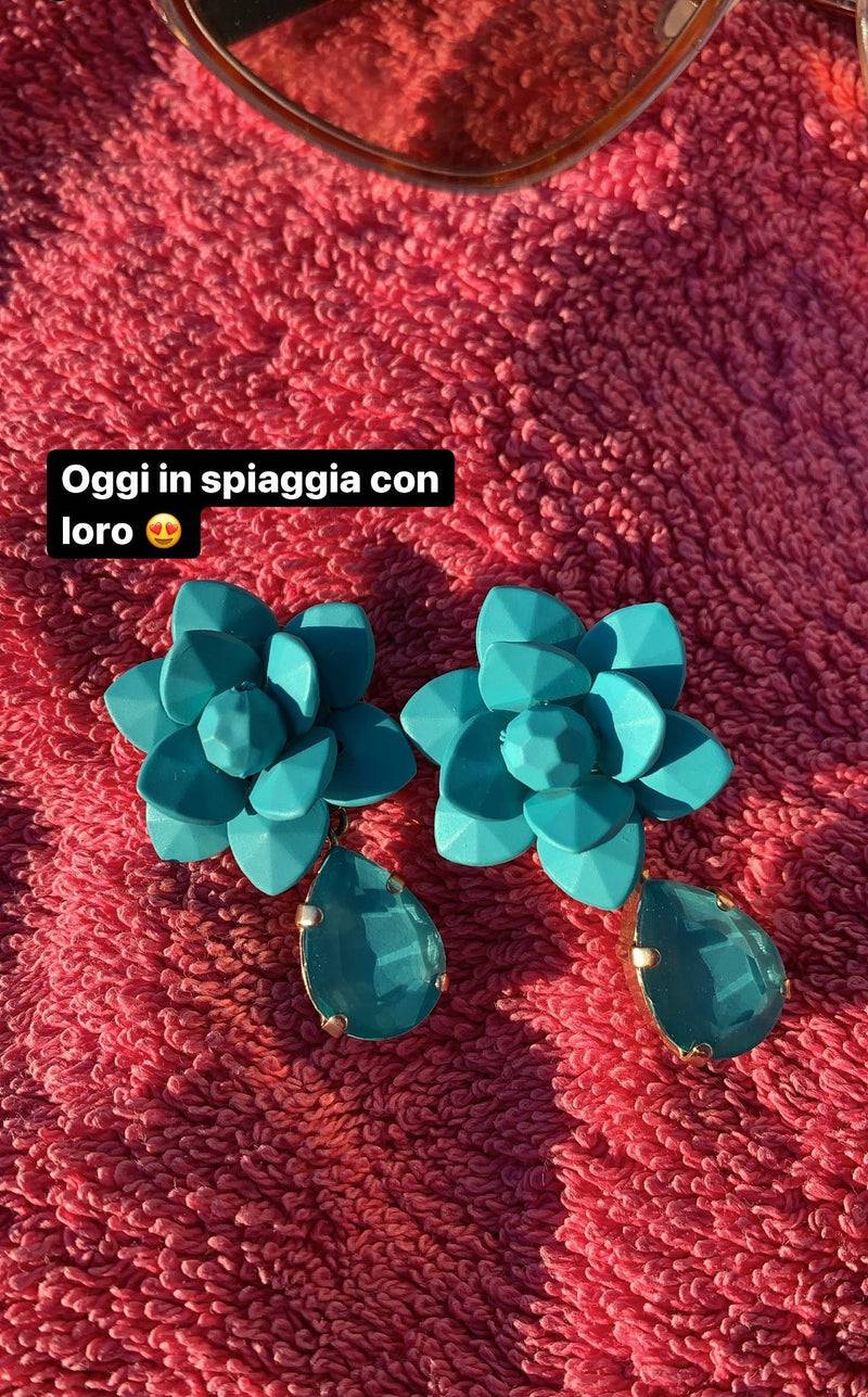 Portofino Bright Turquoise Lily Earrings Silk Effect - Hand Painted Resin Drop