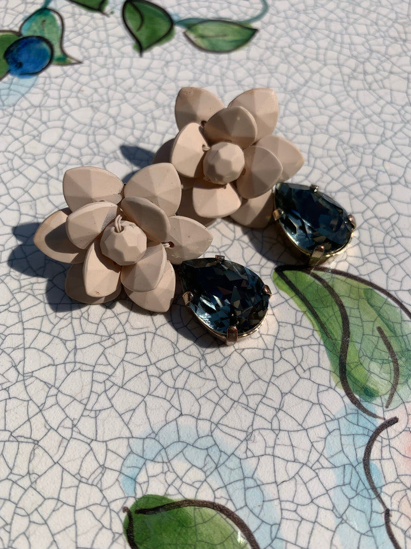 Italian Sand Beige Lily Earrings Silk Effect - Black Diamond Drop