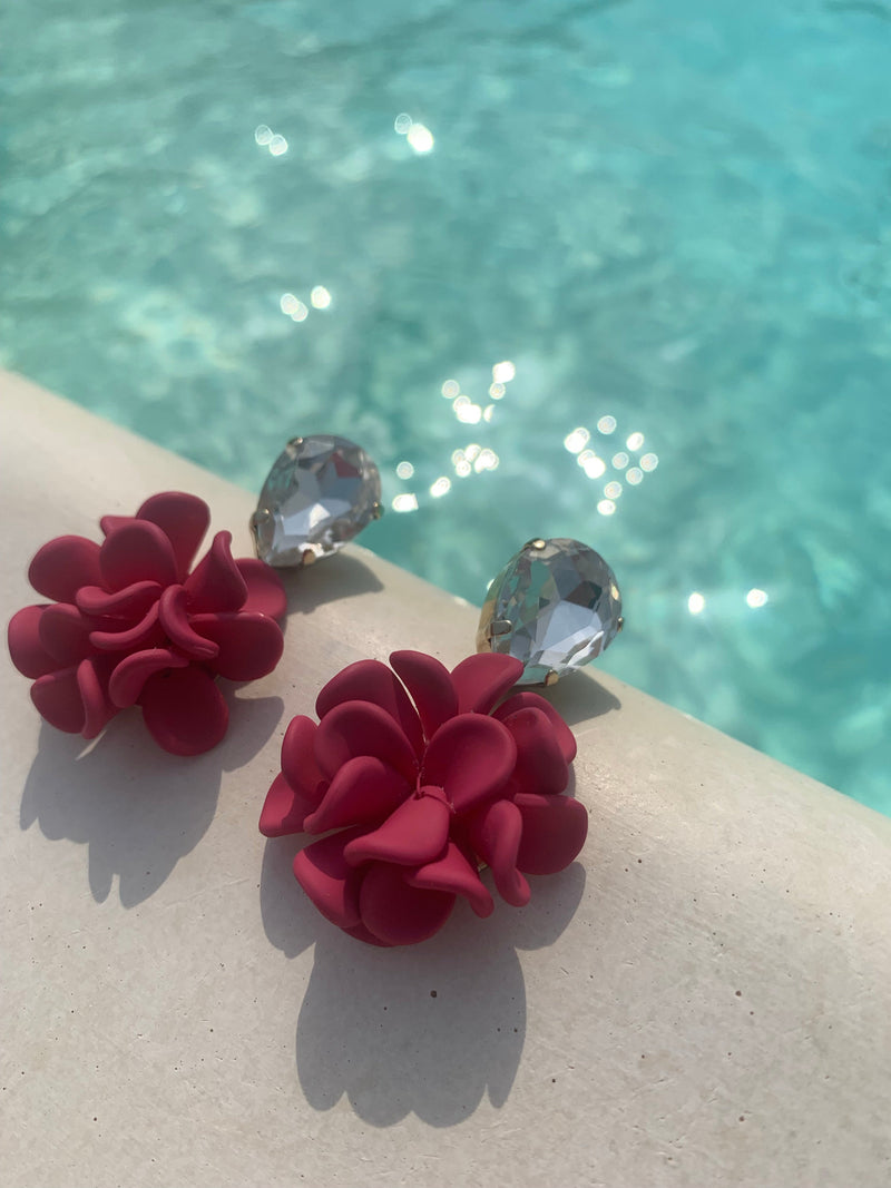 Sicilian Bougainvillea Hot Pink Dahlia Dangle Drop Crystal Earrings