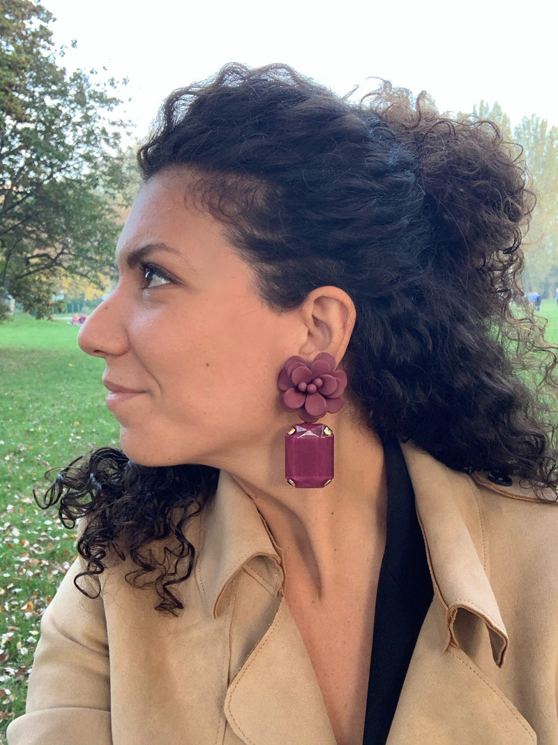 Tuscany Grape Purple Hibiscus Earrings - Emerald Cut Hand Painted Resin Pendant