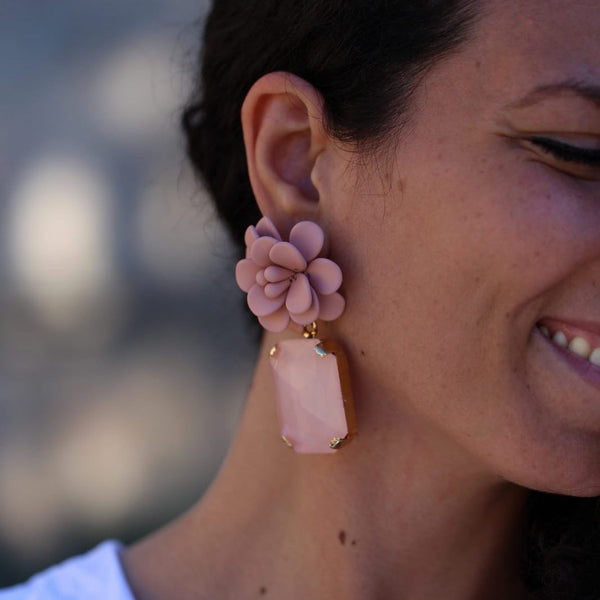Murano Pink Sunset Hibiscus Earrings - Emerald Cut Hand Painted Resin Pendant