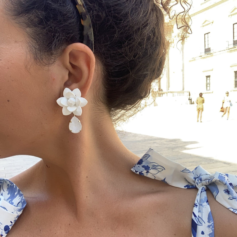 Mediterranean White Lily Earrings Silk Effect - Hand painted White Resin Drop