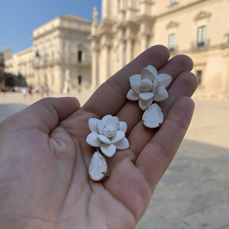 Mediterranean White Lily Earrings Silk Effect - Hand painted White Resin Drop