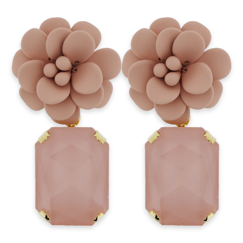 Murano Pink Sunset Hibiscus Earrings - Emerald Cut Hand Painted Resin Pendant