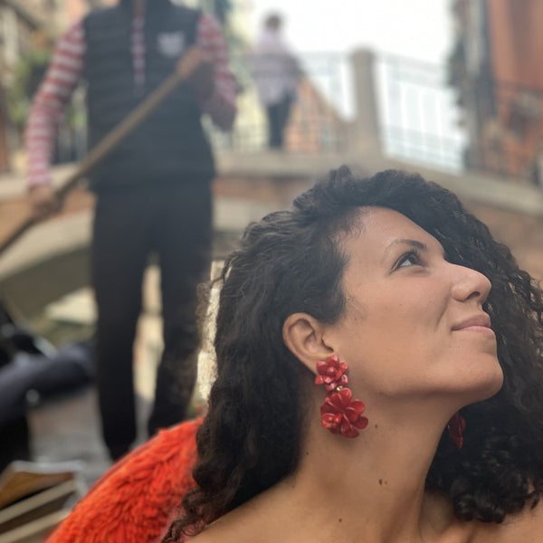 Venetian Red Hibiscus Laquer Effect - Double Pendant Earrings