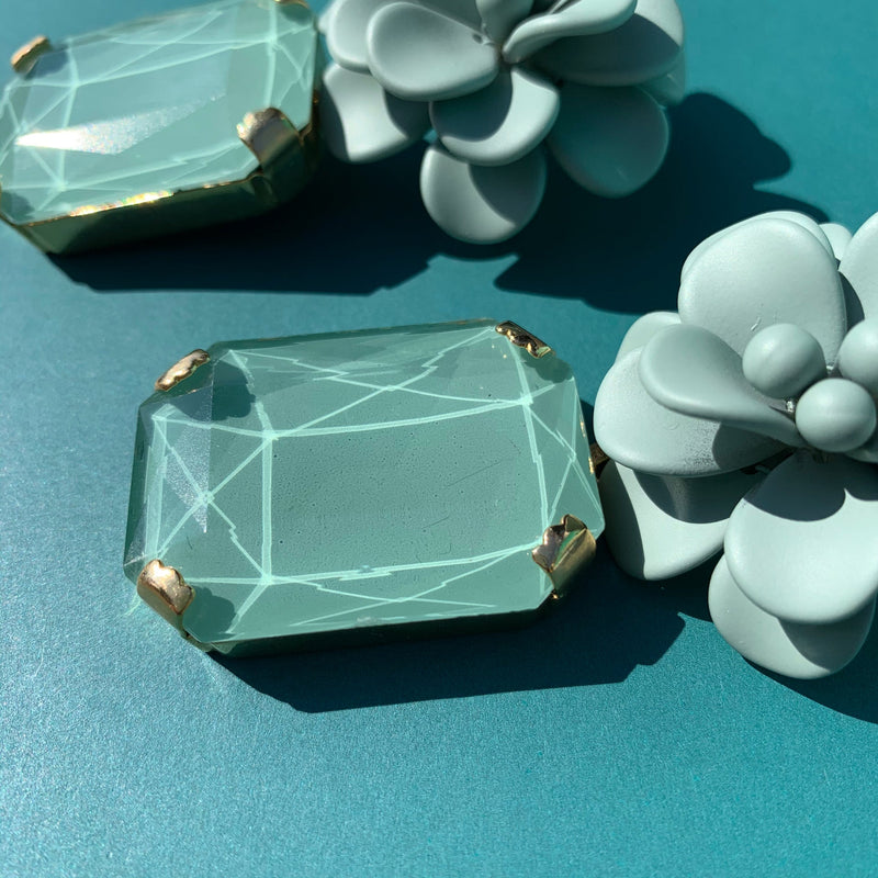 Roman Mint Hibiscus Earrings - Emerald Cut Hand Painted Resin Pendant