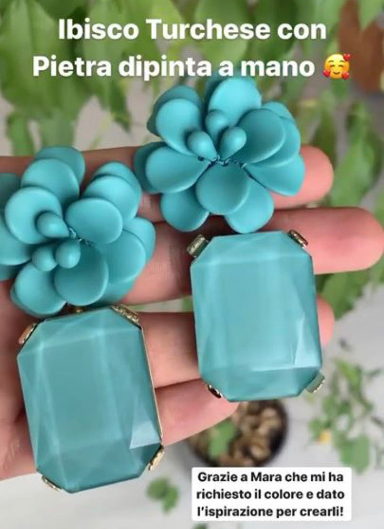 Portofino Bright Turquoise Hibiscus Earrings - Emerald Cut Hand Painted Resin Pendant