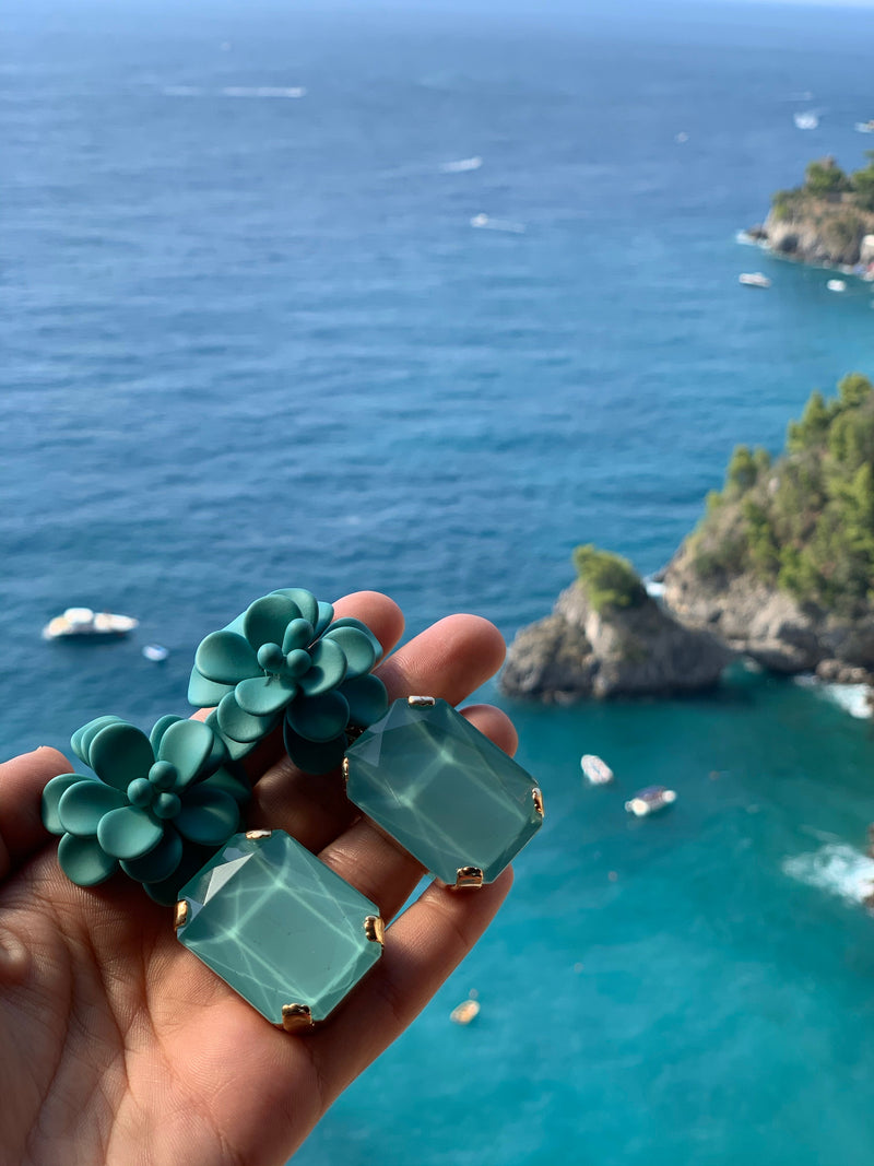 Portofino Bright Turquoise Hibiscus Earrings - Emerald Cut Hand Painted Resin Pendant