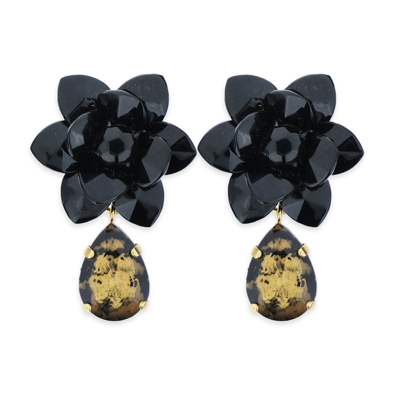 Midnight Gala Black Lily Earrings Laquer Effect - Hand painted Resin Drop Golden Pattern