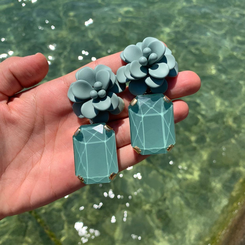 Roman Mint Hibiscus Earrings - Emerald Cut Hand Painted Resin Pendant