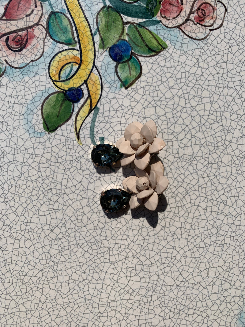 Italian Sand Beige Lily Earrings Silk Effect - Black Diamond Drop