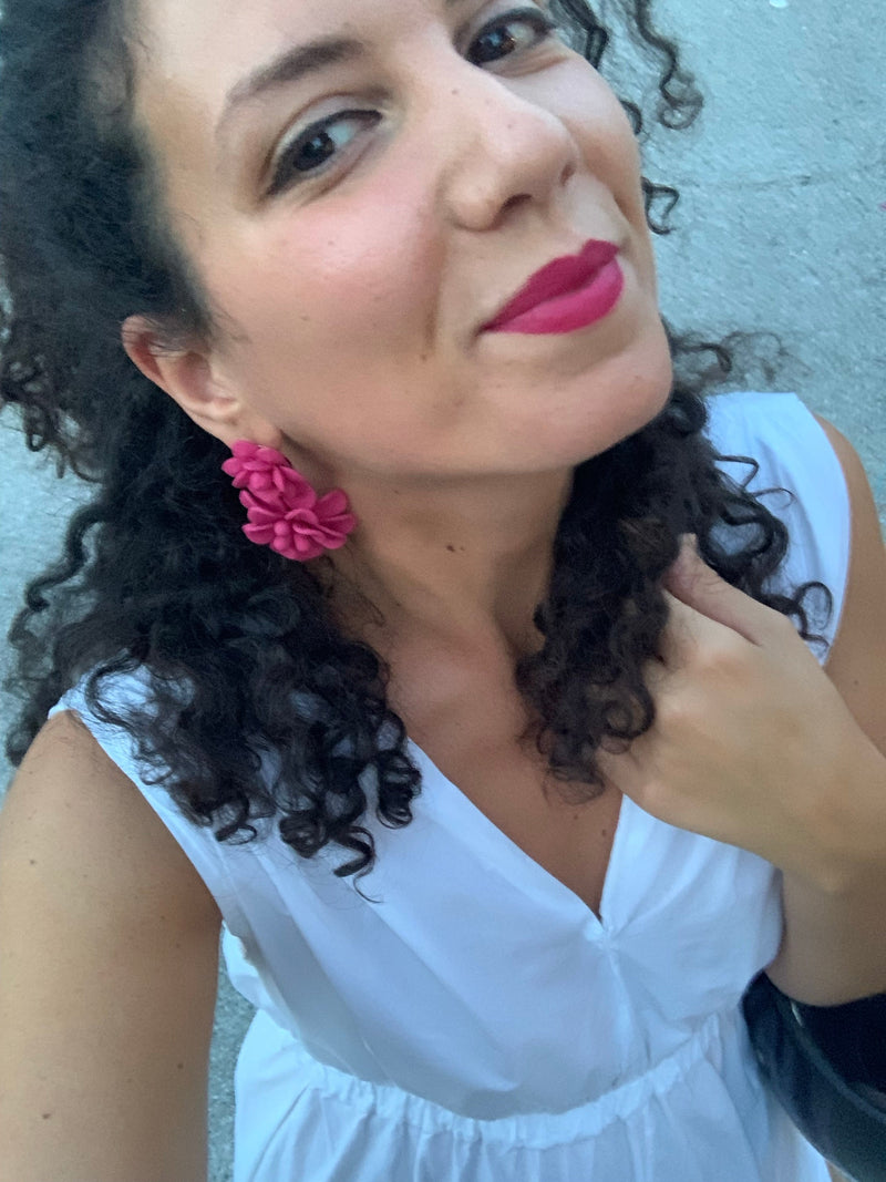 Sicilian Bouganivillea Hot Pink Hibiscus Silk Effect - Double Pendant Earrings