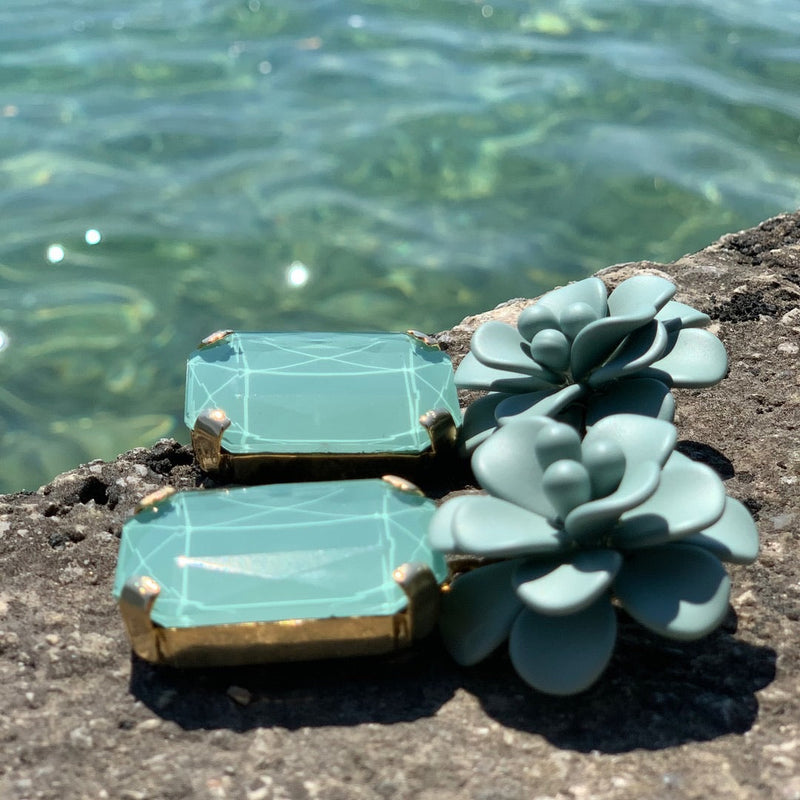 Roman Mint Hibiscus Earrings - Emerald Cut Hand Painted Resin Pendant