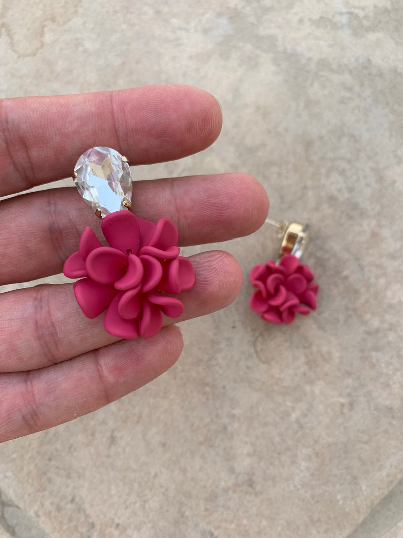 Sicilian Bougainvillea Hot Pink Dahlia Dangle Drop Crystal Earrings