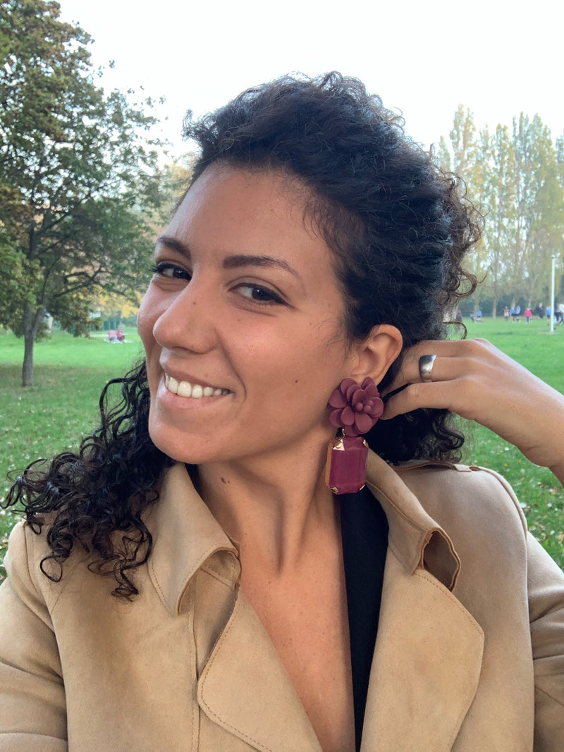 Tuscany Grape Purple Hibiscus Earrings - Emerald Cut Hand Painted Resin Pendant