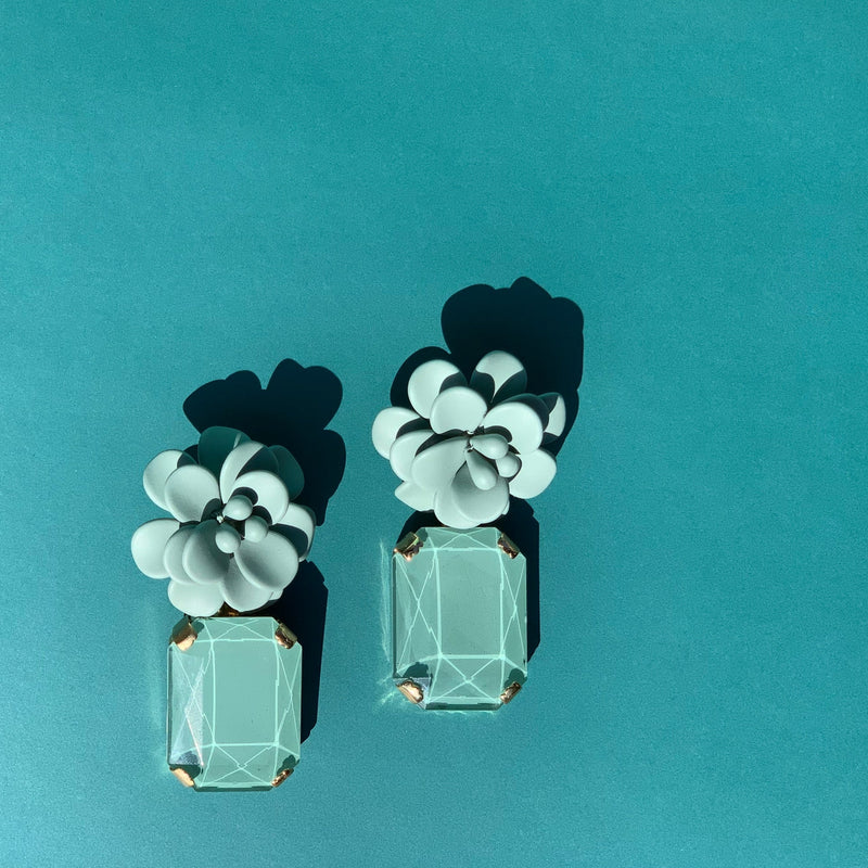 Roman Mint Hibiscus Earrings - Emerald Cut Hand Painted Resin Pendant