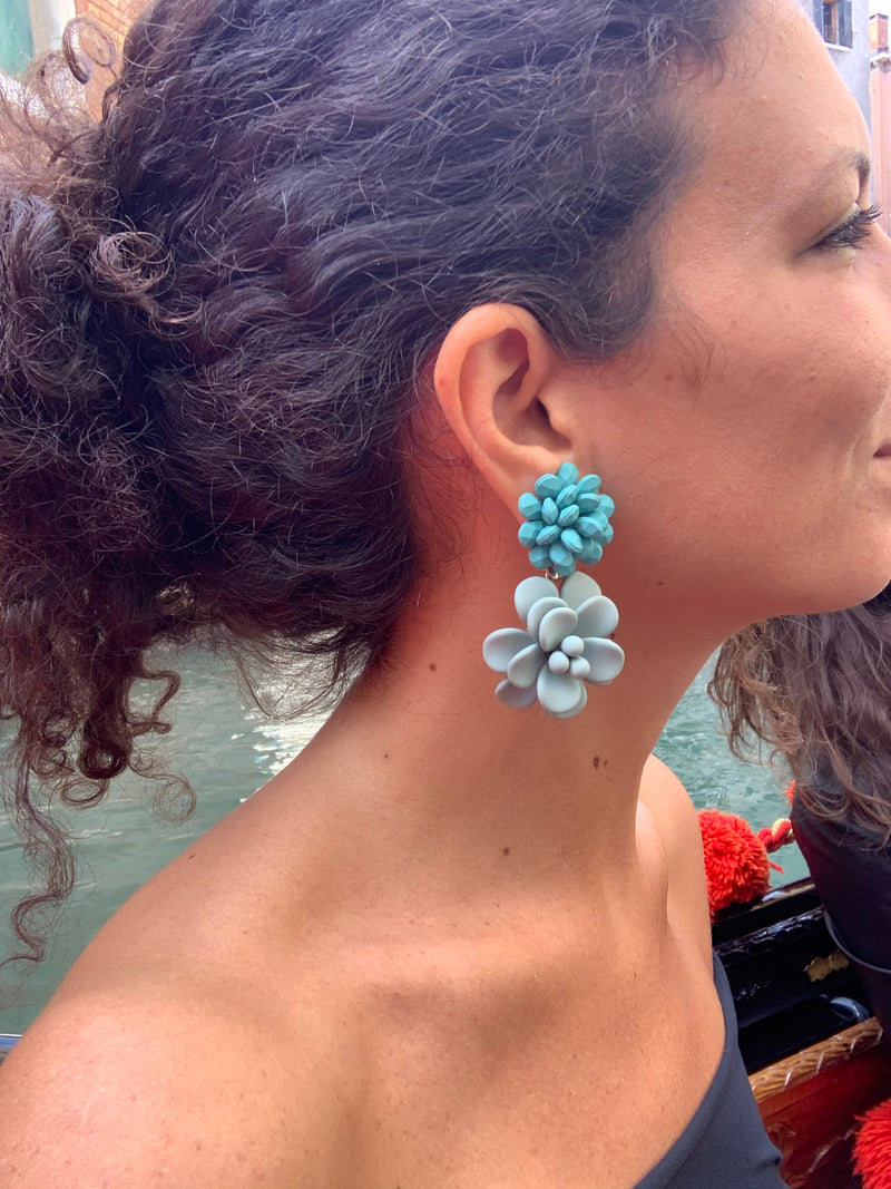 Turquoise and Mint Hibiscus Silk Effect - Double Pendant Earrings