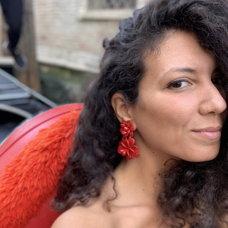 Venetian Red Hibiscus Laquer Effect - Double Pendant Earrings
