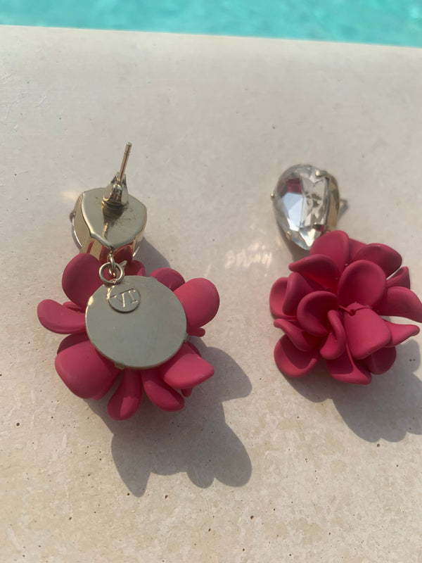 Sicilian Bougainvillea Hot Pink Dahlia Dangle Drop Crystal Earrings