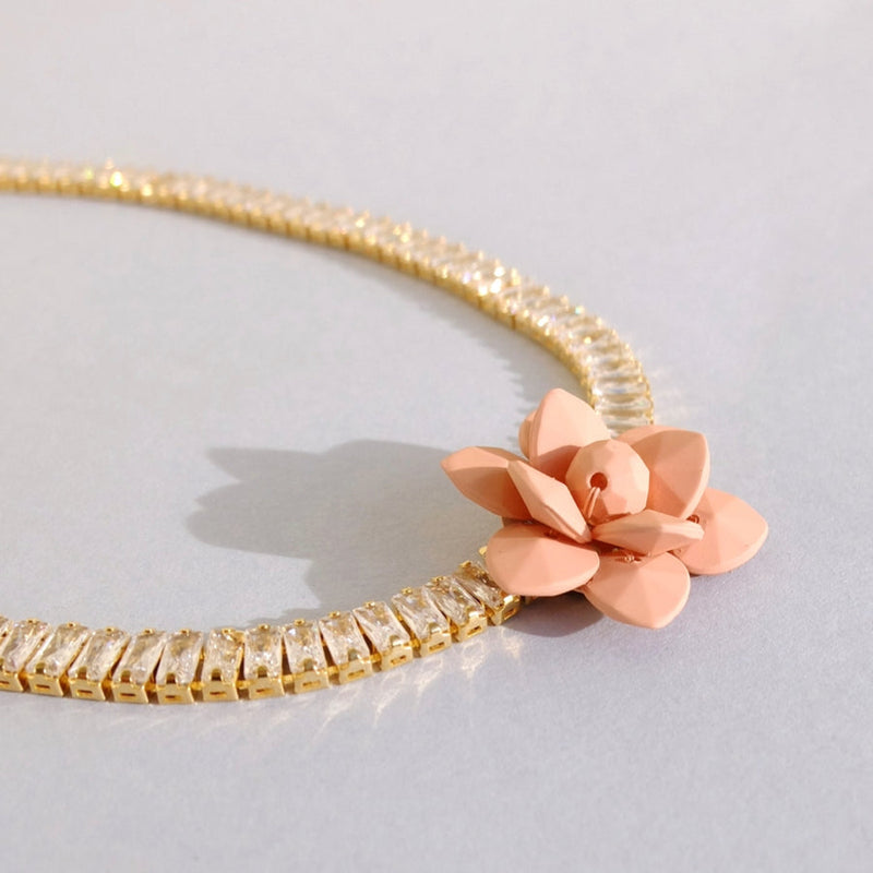 Tennis Chocker Retro Style Necklace with Hand-Sewn Murano Pink Sunset Lily Flower