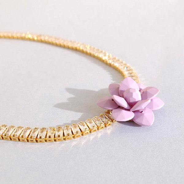 Tennis Chocker Retro Style Necklace with Hand-Sewn Sardinian Lavender Lily Flower