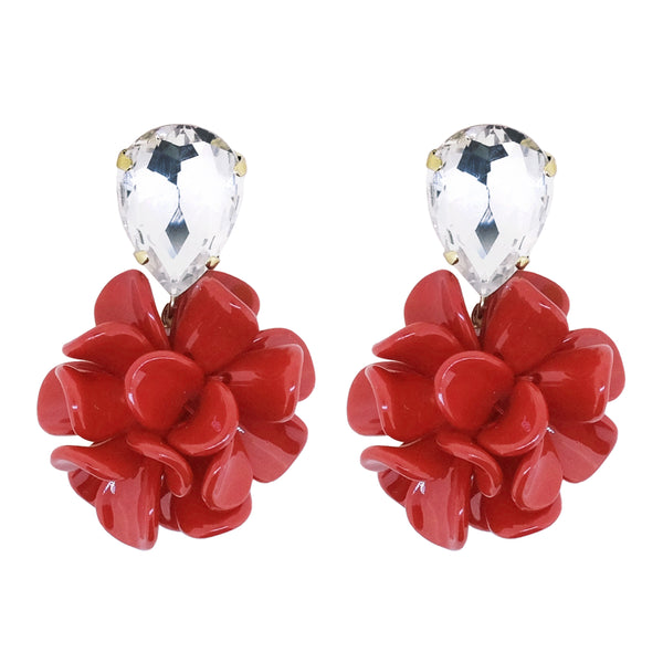 Venetian Red - Laquer Effect Dahlia Dangle Drop Crystal Earrings