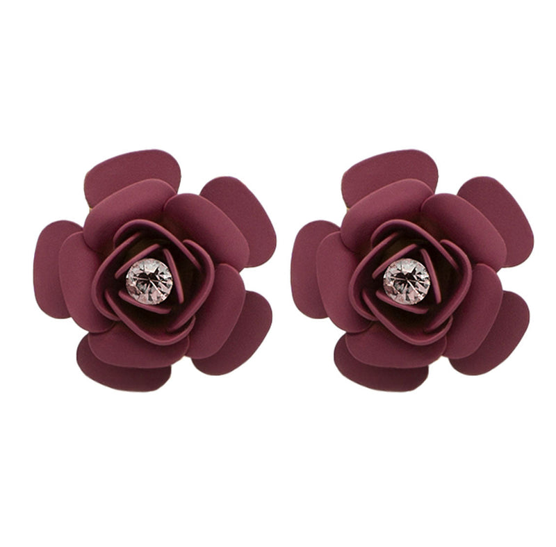 Tuscany Grape Purple Camellia Stud Earrings with crystal - Silk Effect